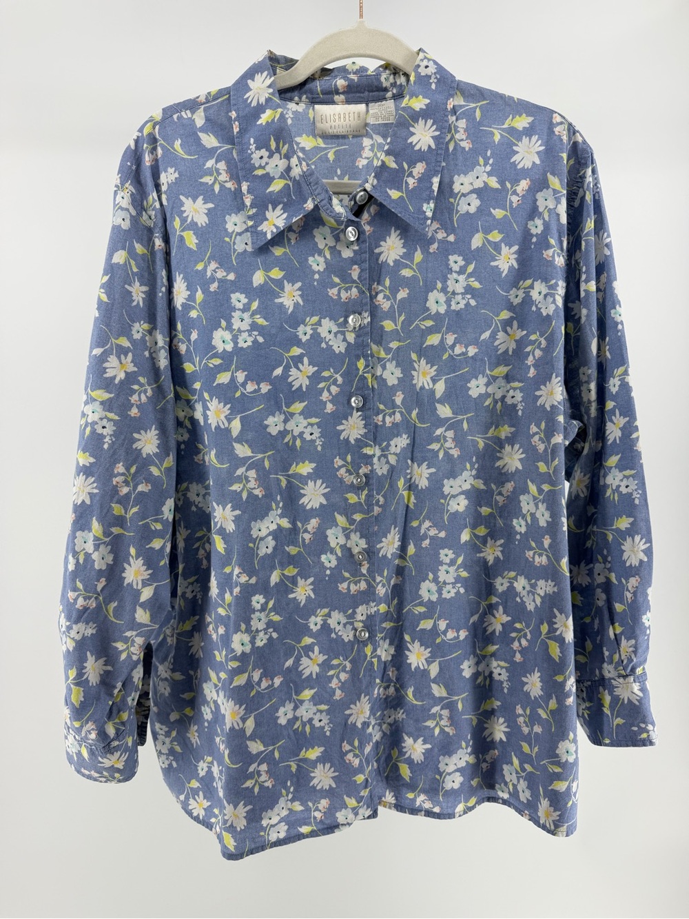 Vintage 90s Elisabeth 100% Cotton Blue Floral Button-Down Blouse, Women's 20P